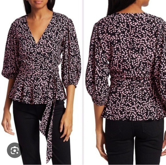 Ganni Floral Flounce Pink and Black Wrap Blouse Size 32, U.S XS - Picture 10 of 10